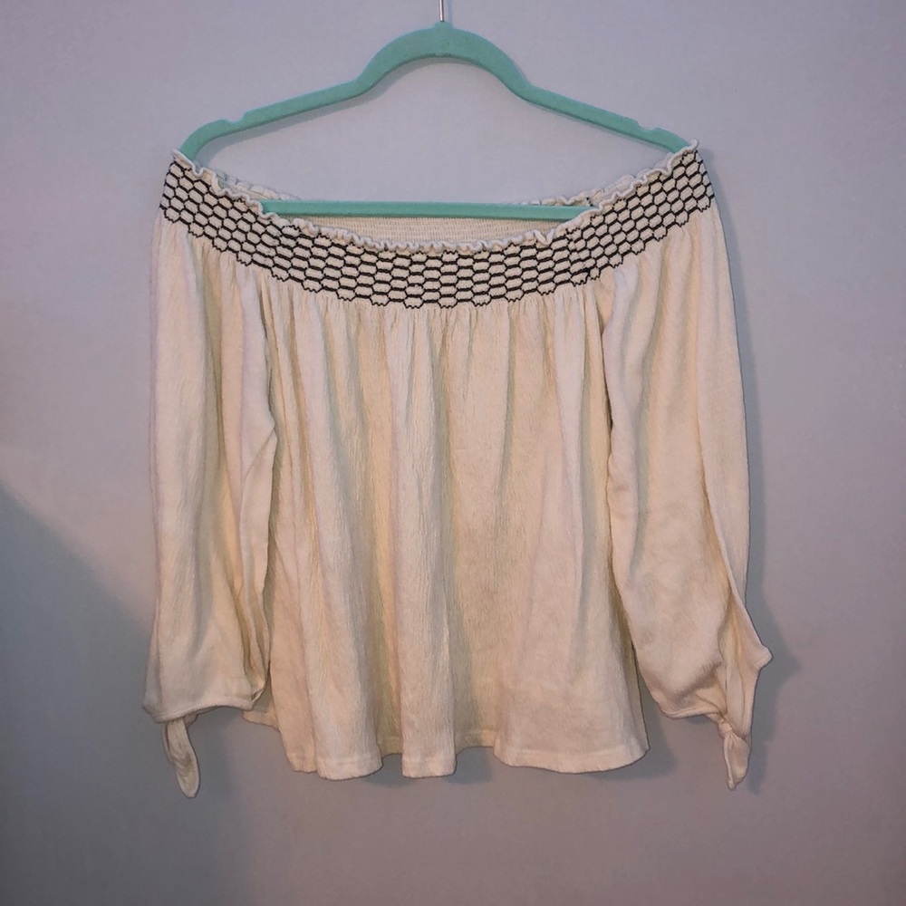Tan off the shoulder blouse